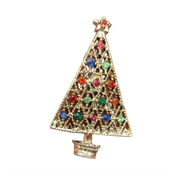 Multiple Color Rhinestone Gold Tone Triangle Christmas Tree Brooch - Picture 2 of 4